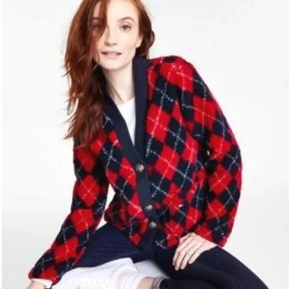 Tommy Hilfiger Red Blue Plaid Button Front Faux Fur Cardigan XL - Picture 3 of 17